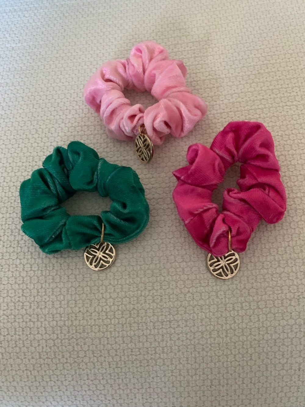Lilly Pulitzer Pink, Hot Pink & Green Scrunchie Trio with Gold Charms